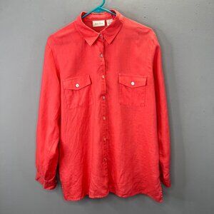 Studio Works Linen Blouse Top L Coral Button Up Long Sleeve Roll Tab Coastal